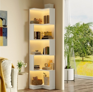 Flieks Bücherregal Standregal mit LED-Beleuchtung und 6 Ebenen, B63,5/T45/H175 cm 1-tlg, Eckbücherregal mit 5 Fächer L-förmig Hochschrank Eckregal weiß