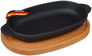 DELUKE® Servierpfanne Gusseisen LUDI [MIT HOLZUNTERSETZER] - 22x14cm | Gusseiserne Grillpfanne Gusspfanne oval für Backofen & Grill