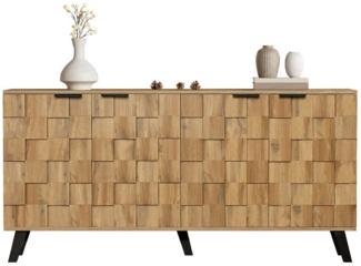 SeedWave Sideboard Karierter Schrank Atmungsaktive Kommode von Holzmaserung mit 4 Türen, 2 Rückseitige Löcher zur Wandbefestigung, verstellbare Einlegeboden