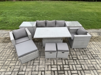 Fimous Polyrattan Gartenmöbel Set mit Sofa; Höhe verstellbar Esstisch und 3 Hocker;2 Beistelltisch;Outdoor Terrassen Essgruppe Helles Grau