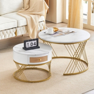 Merax Couchtisch 2er Set mit Metallrahmen (2-St), Saztisch aus Marmor und Massivholz, Beistelltisch Set