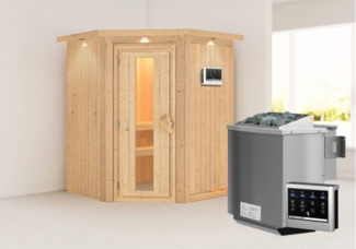 Karibu Sauna Larin mit Dachkranz + 9kW BIO-Kombiofen mit ext. Steuerung Easy Energiespartür