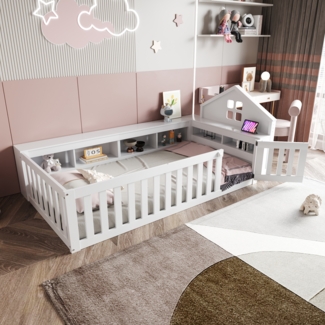Merax Kinderbett Hausbett 90x200cm mit Tür und Fenster, Bodenbett Spielbett mit Stauraum, Einzelbett Holzbett mit Lattenrost und Rausfallschutz, Weiß