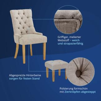 KHG Esszimmerstuhl Relax-Sessel grau Webstoff mit Hocker, kleine Armlehnen - Rückenlehne mit Zierknöpfen, Massivholz Stuhlbeine - Küchenstuhl, Design Stuhl Lounge Sessel