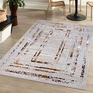 Mazovia Designteppich Modern Teppich für Wohnzimmer - Glänzende Beige Creme mit Gold, 80 x 150 cm, Glänzende Abstrakt Marmor, Höhe 10 mm, Kurzflor - niedrige Florhöhe, Weich, Pflegeleicht