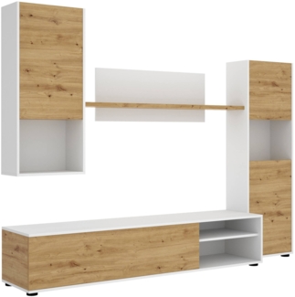 Dmora Artex-Wandsystem, TV-Ständer-Wohnzimmerset, Mehrzweck-Wohnzimmermöbel, 220 x 41 x 180 cm, geknotete Eiche und Weiß