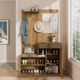 Flurschrank 110x37x185.5cm mit Sitzfläche,Soft-Close,verstellbaren Regalen,Spiegel,Haken,Schubladen,Stauraum,Natur