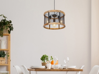LED Pendelleuchte mit Holz & Gitter 3-flammig Schwarz, Ø 40cm