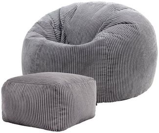 Icon Klassischer Sitzsack Flauschig aus Cord „Kingston“ mit Hocker, Anthrazitgrau, Cord Sitzsack Erwachsene mit Füllung, Indoor Sitzsack Kuschelig Groß