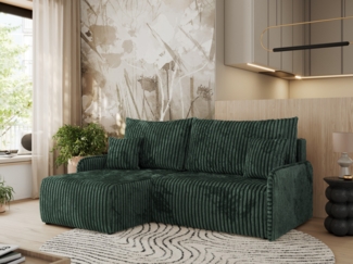 Ecksofa für das Wohnzimmer, mit losen Kissen, Schlaffunktion und Bettkästen, L-förmiges Ecksofa mit Armlehnen, Wellenfeder - ARPA - Grün Cord - linke Seite