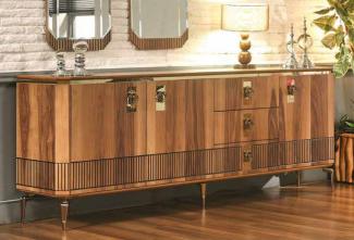 Casa Padrino Luxus Art Deco Sideboard Braun / Gold 200 x 41 x H. 77 cm - Edler Massivholz Schrank mit 3 Türen und 3 Schubladen - Art Deco Möbel - Luxus Möbel