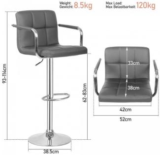 MIADOMODO® Barhocker - 2er Set, Höhenverstellbar, mit Rückenlehne, Armlehne, Fußstütze, Drehbar, 360 Grad, Stahl, Kunstleder, Gepolstert, Grau - Barstuhl, Tresenhocker, Küchenstühle, Küchenhocker