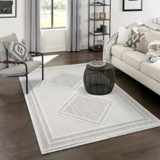 Teppich Wohnzimmer - 200x290cm - Beige Grün - Boho-Style mit Fransen - Modern Raute Optik - Flachflor Wohnteppich Schlafzimmer Deko