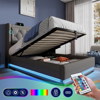 Polsterbett 90x200 cm Grau mit 3-seitiger LED-Beleuchtung, Wingback Kopfteil & USB Typ-C Ladefunktion,hydraulischer Stauraum