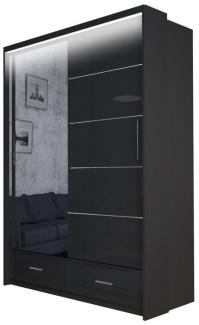 MOEBLO Kleiderschrank Cylia (Schwebetüren, grau/schwarz/weiß Schwebetürenschrank 2-türig Schrank Garderobe Schiebtüren Schlafzimmer, mit LED-Beleuchtung Kleiderschrank mit Schubladen und Spiegel) (BxHxT):153/203/253x220x66cm