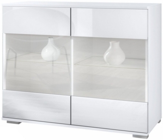 Vladon Kommode Bari V3 (Moderner Küchenschrank, mit 2 großen Glastüren inkl. RGB Beleuchtung), Weiß matt / Weiß Hochglanz (92,5 x 75.5 x 35)