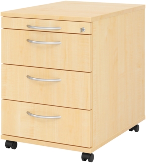 bümö Rollcontainer mit Schubladen, Container abschließbar aus Holz in Ahorn - Rollwagen für's Büro als Schreibtisch Unterschrank, Bürocontainer od. Schreibtischcontainer mit Bogengriffe, AC30-3-3-BM
