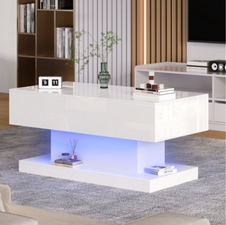 STILVORA Couchtisch Hebbarer Wohnezimmertisch mit LED,Beistelltisch mit Stauraum,weiß (Hochglanz-Lift-Teetisch, 1-St, mit LED-Beleuchtung), mit hydraulischer Lift und Stauraum