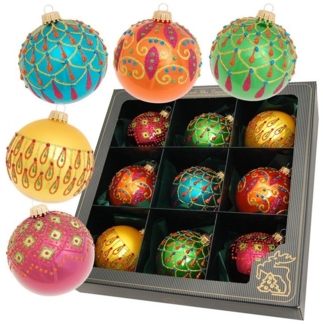 Krebs Glas Lauscha Weihnachtsbaumkugel 9er Set - Grün/Blau/Rot/Safran - ca. 8cm - bunte Farben und Muster, charmante Dekoration für den Weihnachtsbaum - aus Glas gefertigt