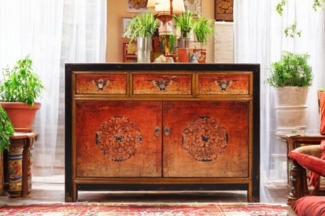 Vintage Kommode Rot Orange verziert chinesisch Schrank Sideboard Kolonial-Stil Antik-Stil Lowboard asiatisch orientalisch Fernost shabby-chic Landhaus