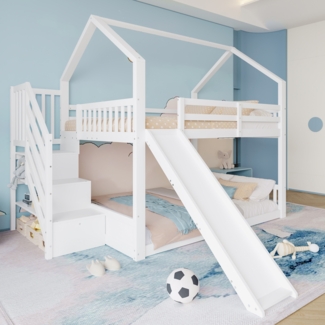Merax 140x200cm Etagenbett mit Stauraumtreppe und Rutsche, Hausbett, Kinderbett mit Geländer, geeignet für Kinder, Jugendliche, Weiß (Ohne Matratze)