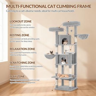 Kratzbaum Groß 175 cm, Katzenbaum XL, Kratzbaum Grosse Katzen Stabil mit Kratzsäulen, 2 Gemütlichen Höhlen, 2 Plattformen, 2 Körben, Hängematte, für den Innenbereich, Hellgrau