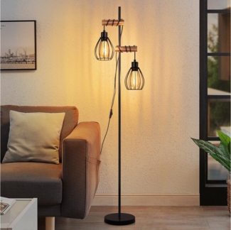 Nettlife Stehlampe Stehleuchte 2 Leuchtmittel Retro aus Holz 151cm, mit Kippschalter, LED wechselbar, für Wohnzimmer schlafzimmer Esszimmer Büro