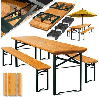 KESSER® Bierzeltgarnitur, 3-teilig, Klappbar, Holz / Stahl grün, Hellbraun, 170 x 46 x 75 cm