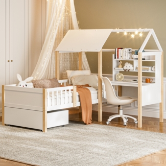 LVHOM Hausbett 90x200cm, Kinderbett, Rausfallschutz & Lattenrost, L-förmig, Schreibtisch, Bücherregal, 1 Schubladen mit Rollen, Naturholz, Multifunktionales Hausbett aus Massivholz in Weiß