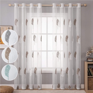 Jibenhome Vorhang Gardine mit Ösen Vorhänge Wohnzimmer Modern Blätter Muster Transparent, 2 St Ösenvorhänge Stickerei Gardinen Stores Fensterschal Schlafzimmer