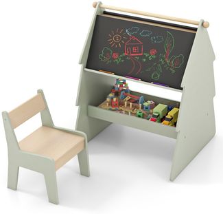 2 in 1 Kinder Staffelei mit Stuhl in Baumform Doppelseitige Standtafel mit Kreidetafel & Whiteboard