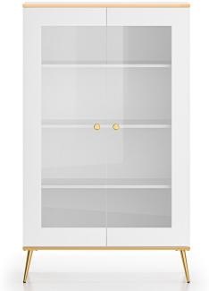 Lomadox Vitrine VLORA-131 Highboard mit Glasfront, weiß mit goldfarbigen Griffen, 92cm hoch