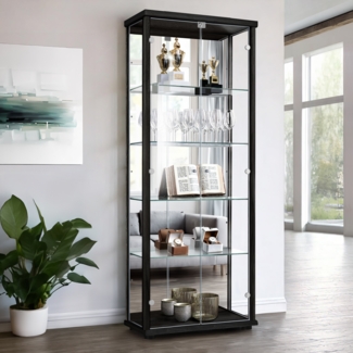 K-Möbel Glas Vitrinenschrank 2-türig (176x67x33cm) - Made in Germany - Standvitrine Schwarz mit 4 höhenverstellbaren Glasböden, Spiegel, Schloss & LED - Glasvitrine Stehend - Sammler