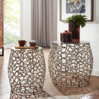 Beistelltisch 2er Set Aluminium Design Satztisch Metall Rund | Wohnzimmertisch Couchtisch Ast-Struktur Modern | Sofatisch 2-teilig Wohnzimmer