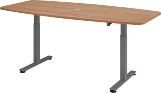 bümö elektrisch höhenverstellbarer Konferenztisch in Nussbaum 220x103 cm, Gestell: Graphit - Besprechungstisch rund-oval, großer elektrischer Meeting Tisch für Konferenz & Besprechungsraum, XMST22-N-G