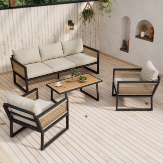 Merax Garten Loungesessel Set, 4-tlg. Gartenmöbel Set, 3er Sofa, 2 Sessel und Couchtisch, Outdoor, Tischplatte aus Kunststoffholz, Armlehnen aus geflochtenem Seil, verzinkter Stahl, Beige