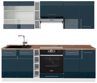 Küchenzeile Fame-Line Dunkelblau Hochglanz/Weiß 235 cm , AP Eiche Vicco
