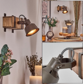 hofstein Wandleuchte Wandlampe aus Metall/Holz in Grau/Naturfarben, ohne Leuchtmittel, verstellbare Leuchte im Vintage/Industrial-Design mit Holzbalken, GU10