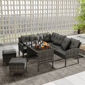 Merax Garten-Essgruppe für 7 Personen mit Stahlrahmen und Kissen, (5-tlg, 1 Esstisch, 1 3-Sitzer, 1 2-Sitzer-Ecksofa, 2 Hocker), Gartenmöbel Set Polyrattan, Gartenlounge Set, Sitzgruppe