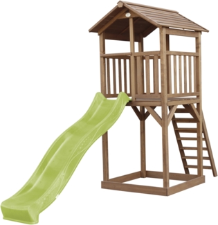 AXI Beach Tower Spielturm aus Holz in Braun Spielhaus für Kinder mit hellgrüner Rutsche und Sandkasten | Braun, limettengrün | Holz | 349 cm