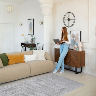 Teppich Läufer Kurzflor Grau 80x300cm Flur Wohnzimmer Geo-Muster, Meliert mit Hoch-Tief-Effekt, 3D Effekt, Weich