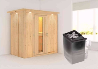 Karibu Sauna Variado mit Dachkranz + 9kW Saunaofen mit integr. Steuerung Bronzierte Ganzglastür