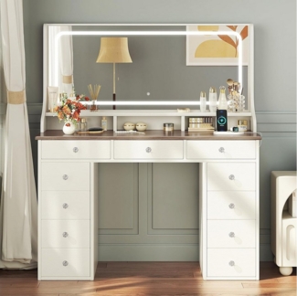 Dripex Schminktisch Schminktisch mit Spiegel, LED und Schubladen, weiß/braun