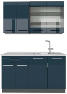 Singleküche Fame-Line Dunkelblau Hochglanz/Anthrazit 140 cm , AP Marmor Vicco