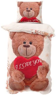 Visaggio Bettwäsche Winter Fleece Bettbezug flauschig warm, Fleece, 4 teilig, Teddy Bär Partnerbettwäsche mit I Love You Herz