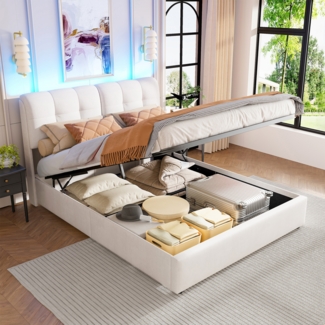 160x200cm Elfenbein Samt Bett mit 7-Farben LED-Beleuchtung & Gasdruckfeder