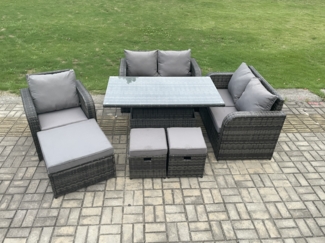 Fimous Rattan Möbel Garten Dining Set im Freien Höhenverstellbarer Aufsteigenderr Tisch Liebe Sofa Stuhl mit 3 Fußhockern