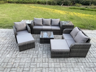 Fimous Rattan-Gartenmöbel 8-Sitzer Set Patio Tisch Sofa Stuhl Set mit Graue Kissen 2 Beistelltischen 2 hohen Hockern