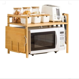 JEOBEST Küchenregal Mikrowellenständer mit 2 Etagen aus Bambus Mikrowelle Regal, 1 ST, Küchenaufbewahrung Organizer mit 4 Hacken und Schneidebrettständer