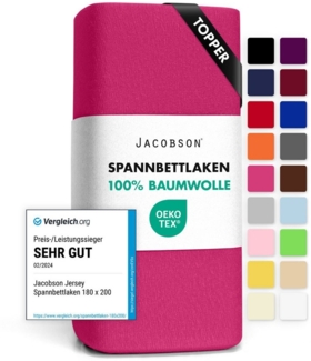JACOBSON Jersey Spannbettlaken Spannbetttuch Baumwolle Bettlaken (Topper 140-160x200 cm, Pink)